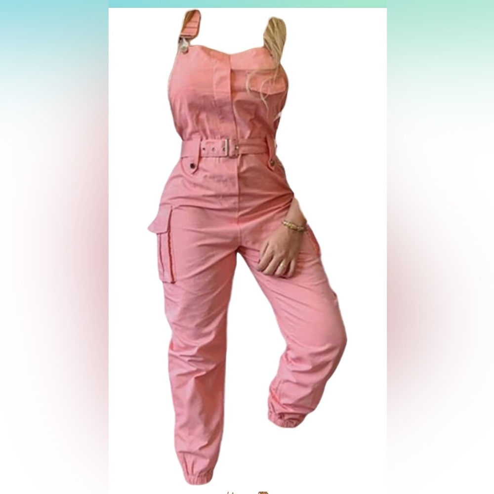 Women's Sleeveless Jumpsuits - Cargo Overalls with Pockets in pink